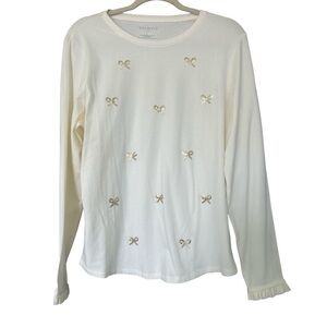 Talbots Cream Long Sleeve Sequin Bows Ruffle Sleeve Holidays Sz L